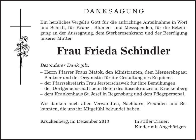 Traueranzeige Frieda Schindler