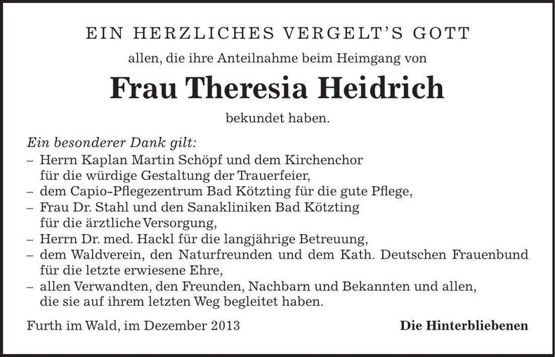 Traueranzeige Theresia Heidrich