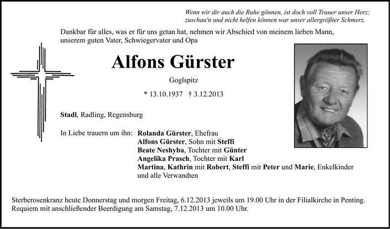 Traueranzeige Alfons Gürster