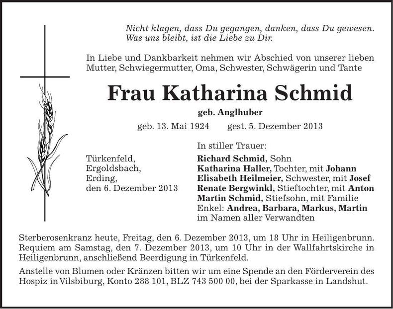 Traueranzeige Katharina Schmid