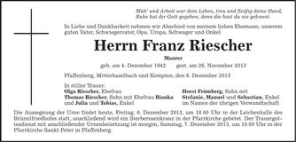 Traueranzeige Franz Riescher
