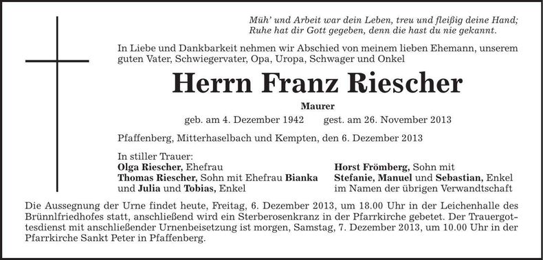 Traueranzeige Franz Riescher
