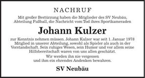 Traueranzeige Johann Kulzer