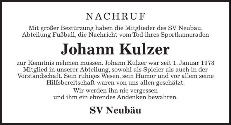 Traueranzeige Johann Kulzer