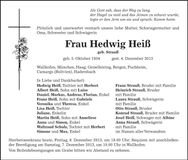 Traueranzeige Hedwig Heiß