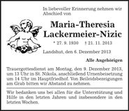 Traueranzeige Maria-Theresia Lackermeier-Nizic