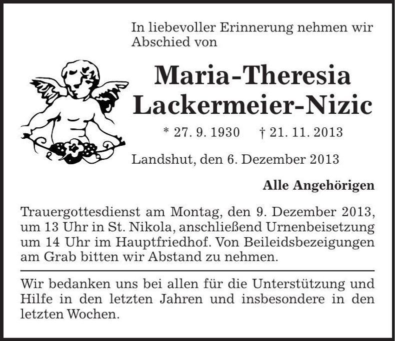 Traueranzeige Maria-Theresia Lackermeier-Nizic
