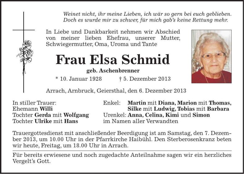 Traueranzeige Elsa Schmid
