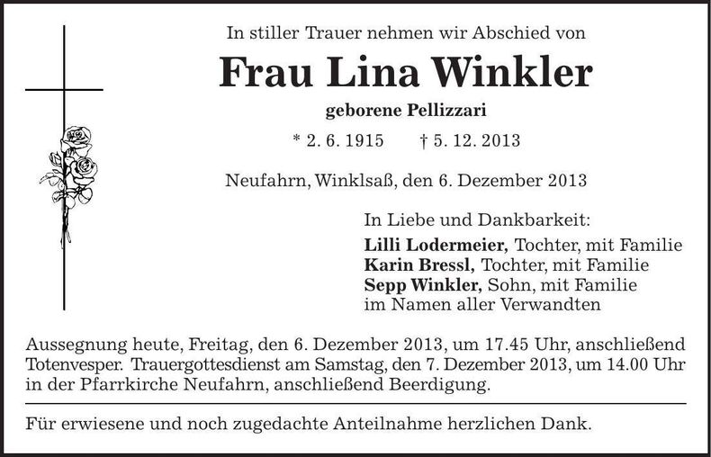 Traueranzeige Lina Winkler