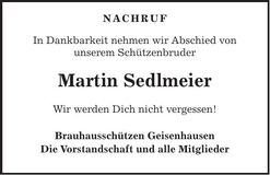 Traueranzeige Martin Sedlmeier