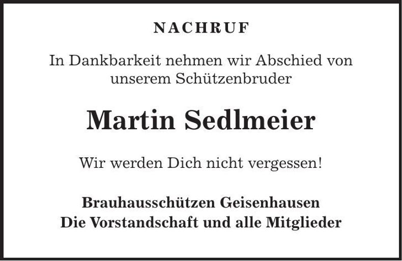 Traueranzeige Martin Sedlmeier