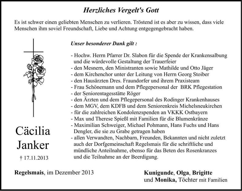 Traueranzeige Cäcilia Janker
