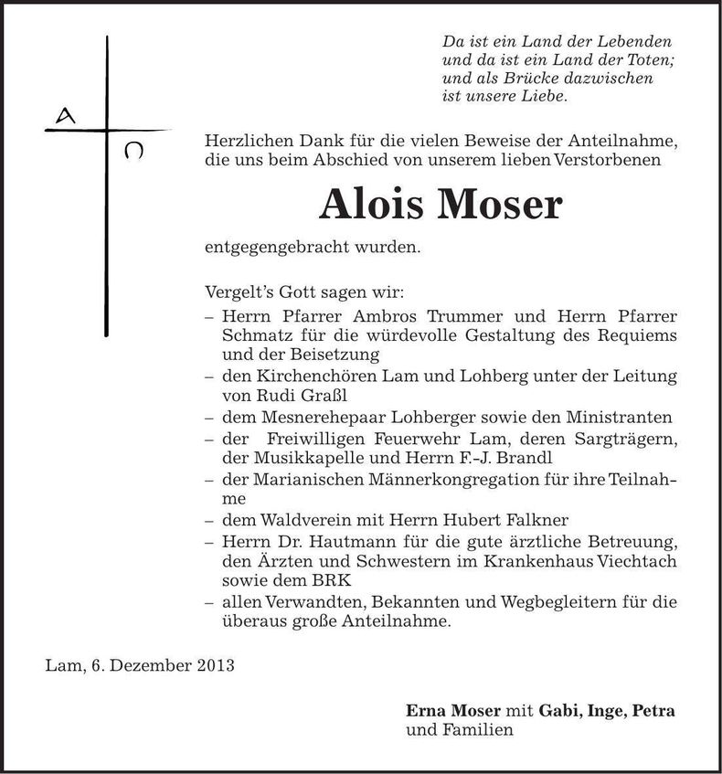 Traueranzeige Alois Moser