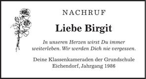Traueranzeige Birgit Flieger