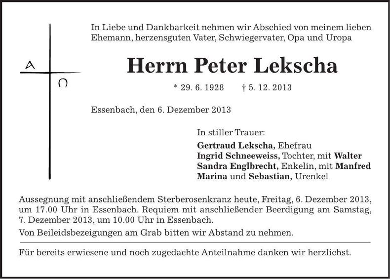 Traueranzeige Peter Lekscha