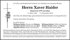 Traueranzeige Xaver Haider