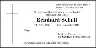 Traueranzeige Reinhard Schall