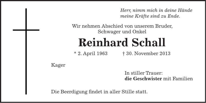 Traueranzeige Reinhard Schall