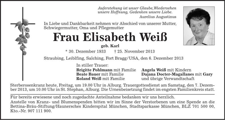 Traueranzeige Elisabeth Weiß