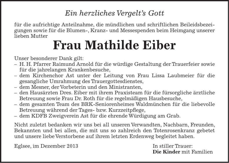 Traueranzeige Mathilde Eiber