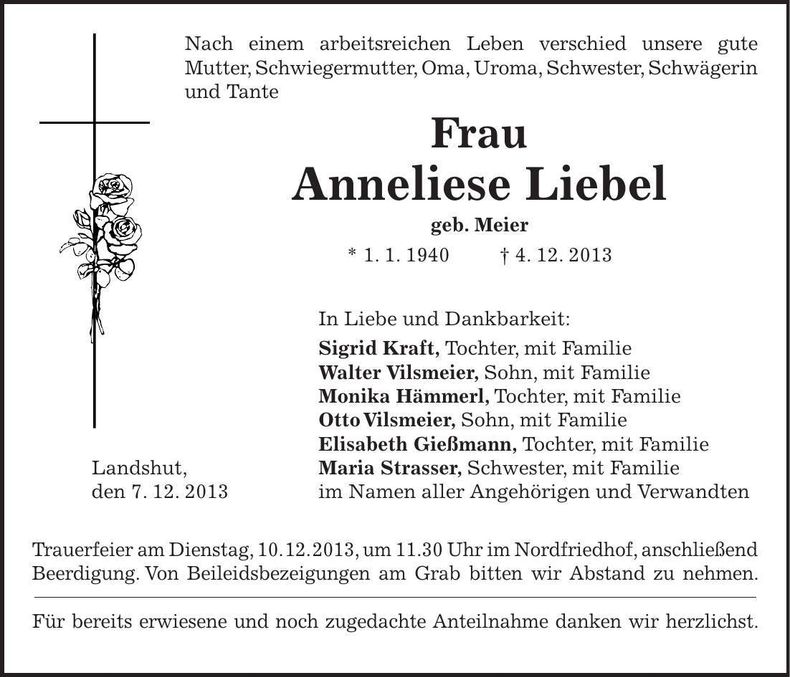 Traueranzeige Anneliese Liebel