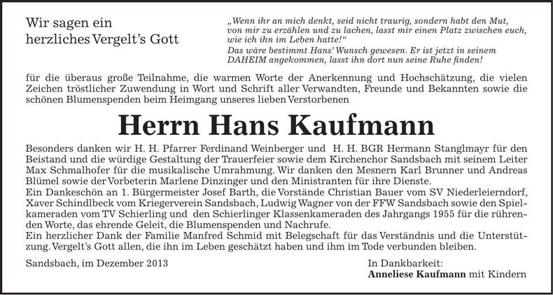Traueranzeige Hans Kaufmann