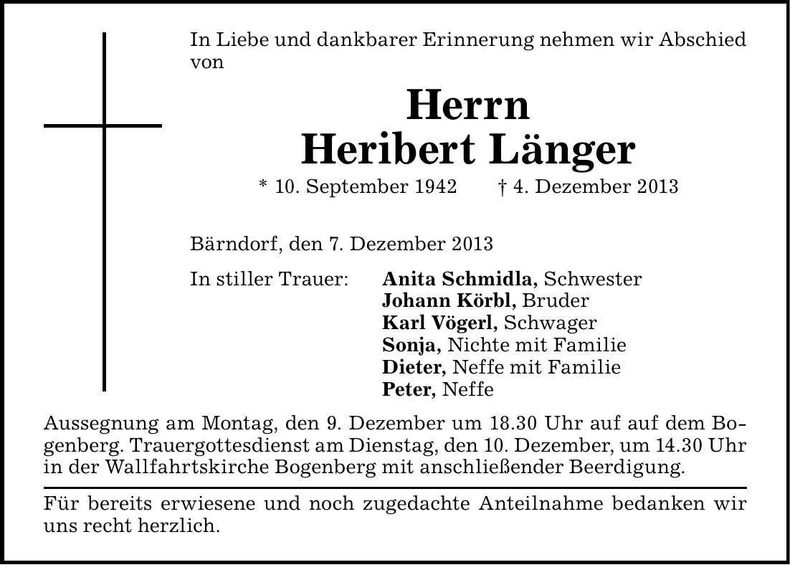 Traueranzeige Heribert Länger