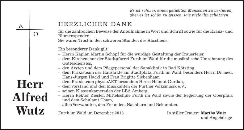 Traueranzeige Alfred Wutz
