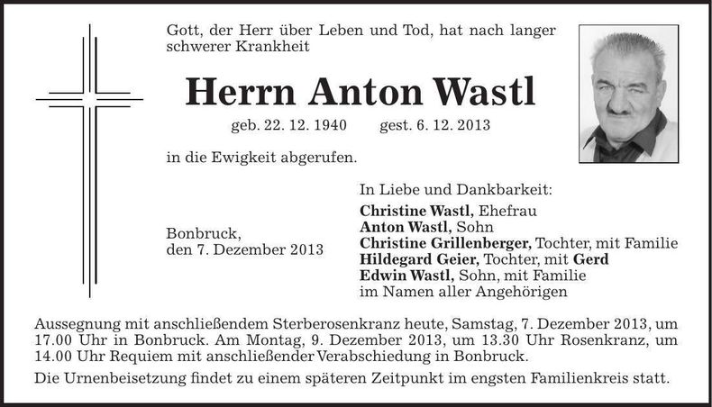 Traueranzeige Anton Wastl