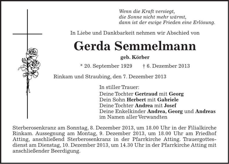 Traueranzeige Gerda Semmelmann