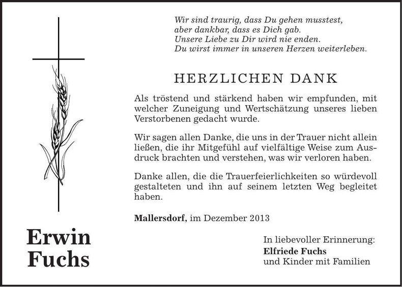 Traueranzeige Erwin Fuchs