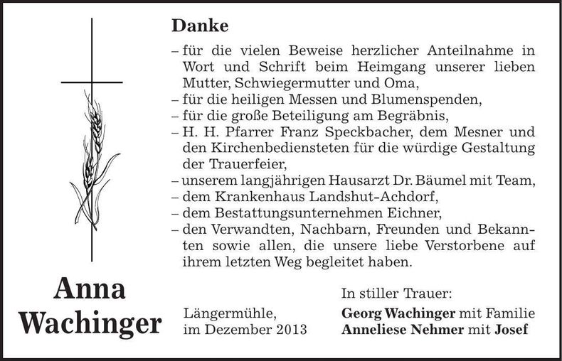 Traueranzeige Anna Wachinger