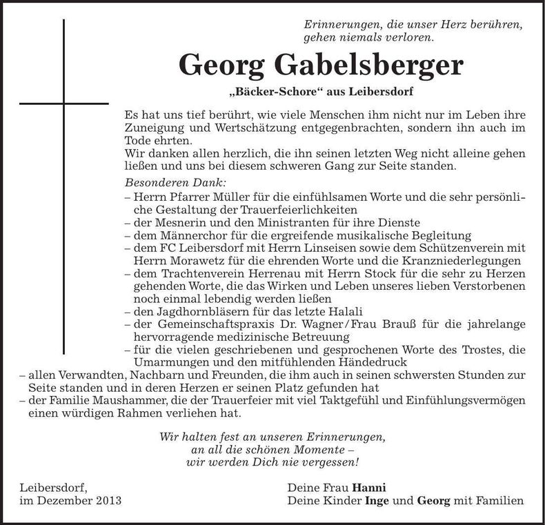 Traueranzeige Georg Gabelsberger