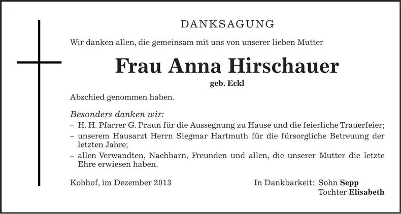 Traueranzeige Anna Hirschauer