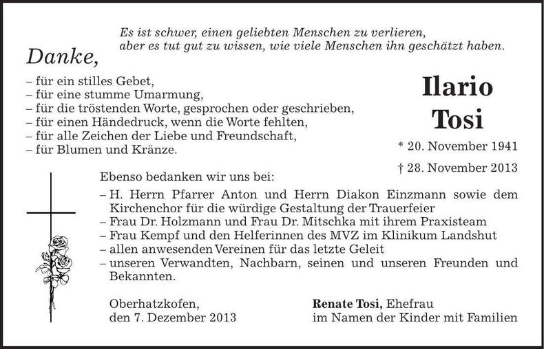 Traueranzeige Ilario Tosi