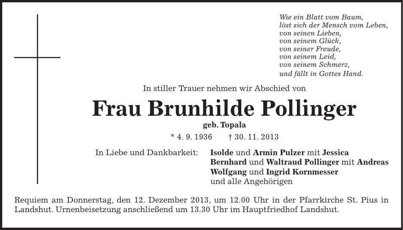 Traueranzeige Brunhilde Pollinger
