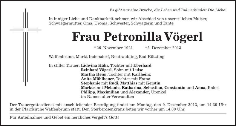 Traueranzeige Petronilla Vögerl