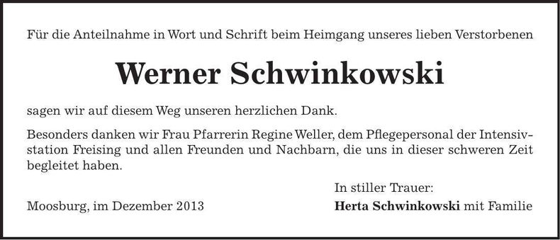 Traueranzeige Werner Schwinkowski