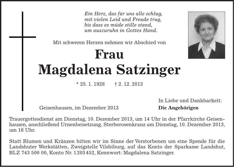Traueranzeige Magdalena Satzinger