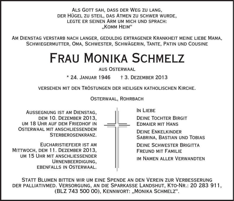 Traueranzeige Monika Schmelz