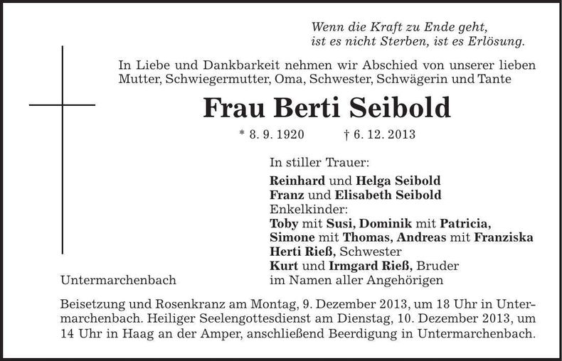 Traueranzeige Berti Seibold