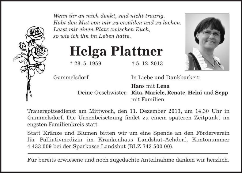 Traueranzeige Helga Plattner