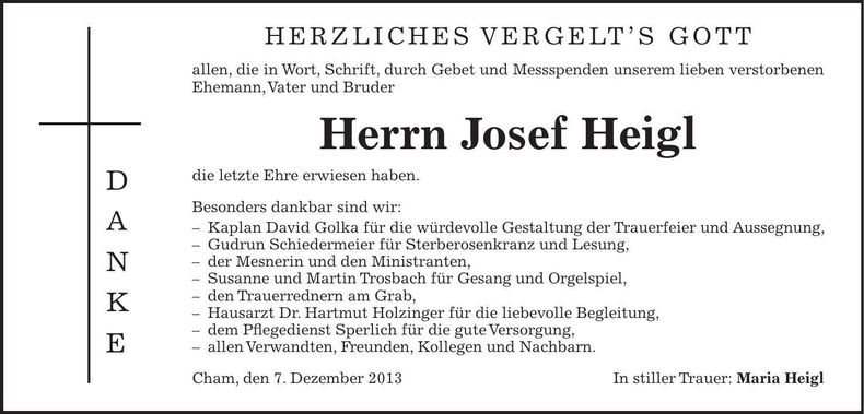 Traueranzeige Josef Heigl