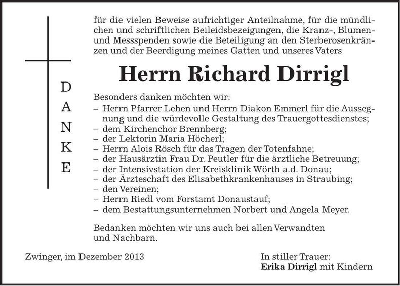 Traueranzeige Richard Dirrigl