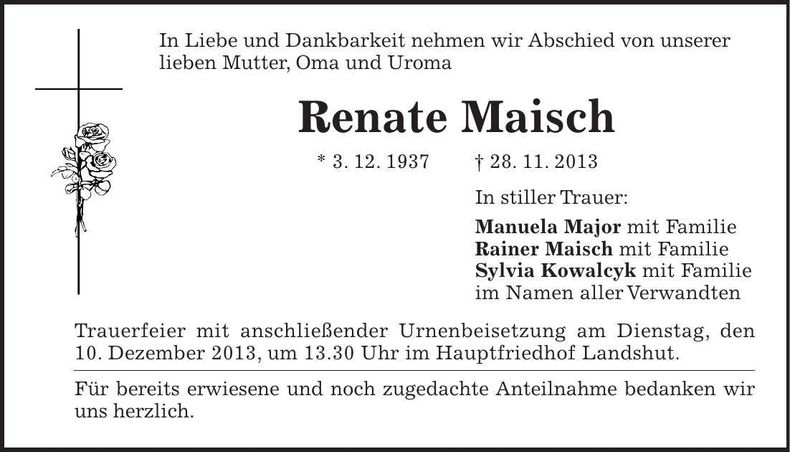 Traueranzeige Renate Maisch