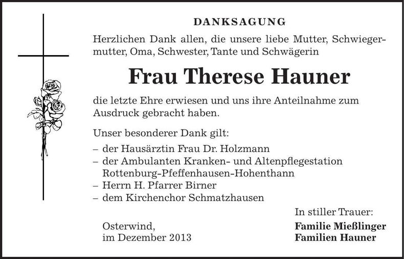 Traueranzeige Therese Hauner