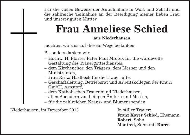 Traueranzeige Anneliese Schied