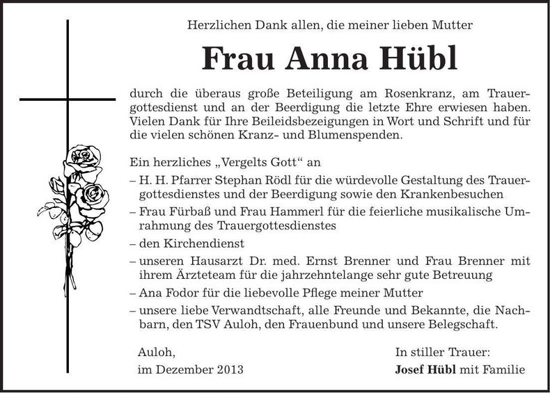 Traueranzeige Anna Hübl