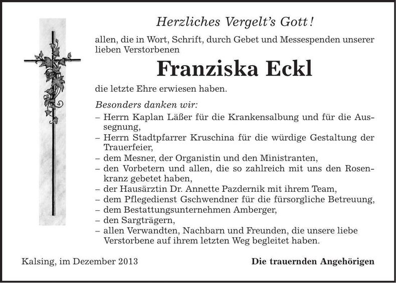 Traueranzeige Franaziska Eckl