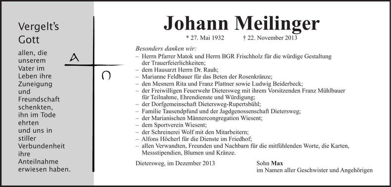 Traueranzeige Johann Meilinger